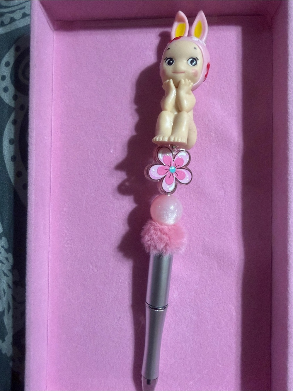 Silver beaded pen with Sonny Angel topper.
